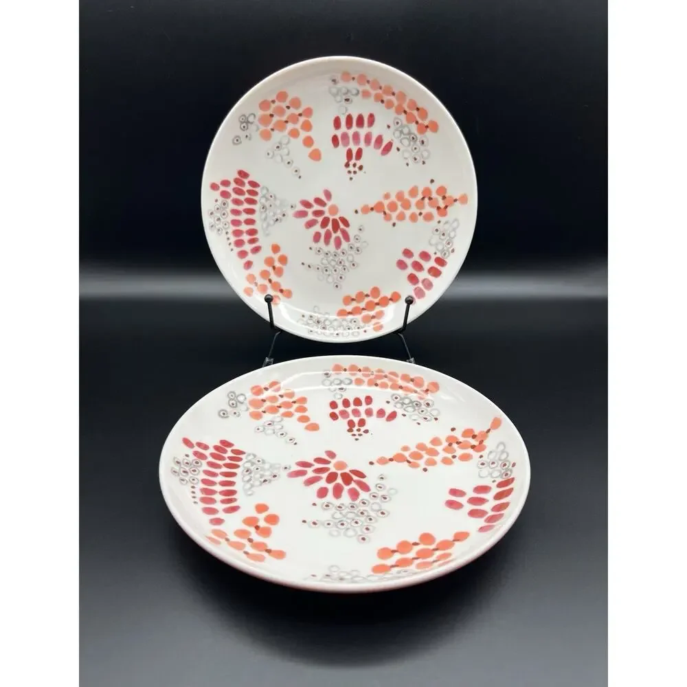Anthropologie 8” Lunch Salad Plate w Pink Orange & Gray Dots Set of 2 Japan